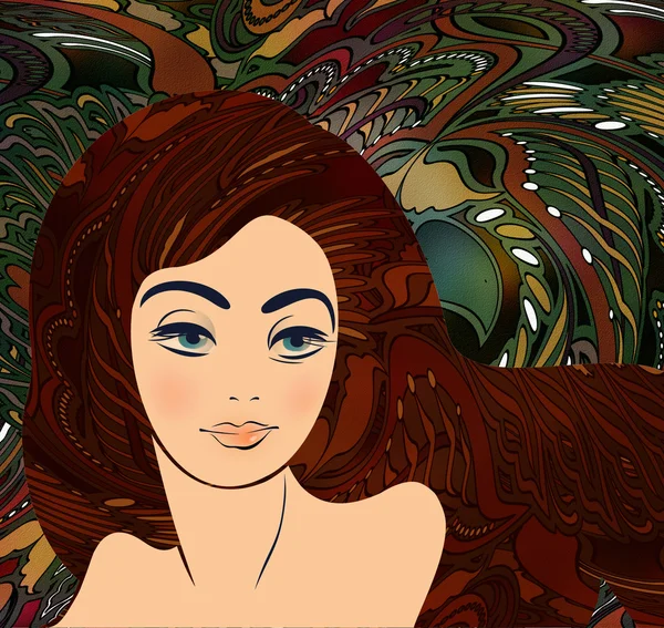 Porträtt av vacker brunett på en färgstark bakgrund — Stockfoto