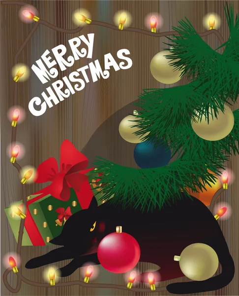 Schwarze schlafende Katze unterm Weihnachtsbaum — Stockvektor