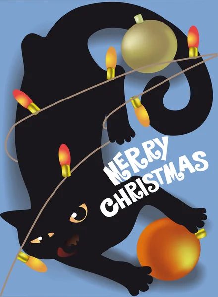 Schwarze Katze spielt mit Weihnachtsdekoration Weihnachtskarte — Stockvektor