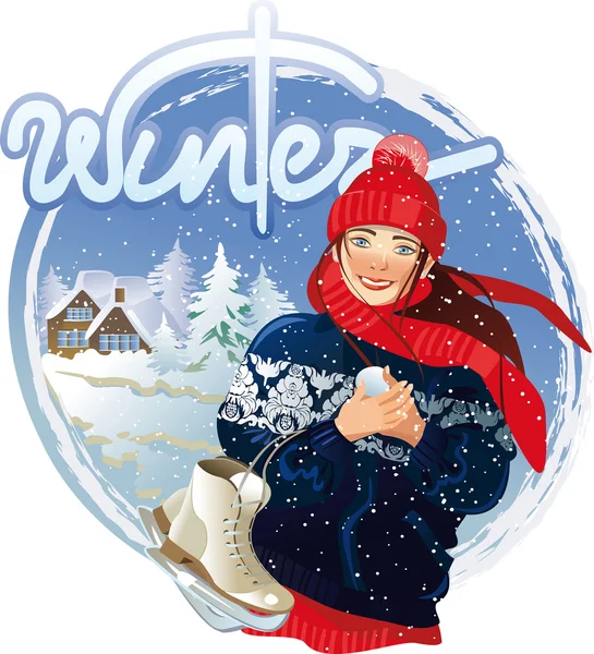 Smiling girl in winter clothes on a snowy day — Stock Vector