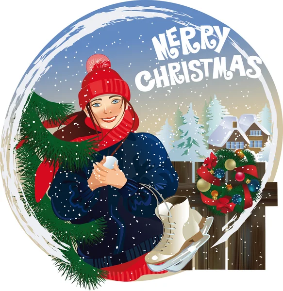 Lächelndes Mädchen in Winterkleidung an einem verschneiten Tag, Weihnachtspost — Stockvektor