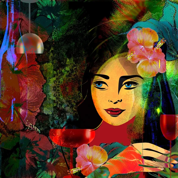 Stiliserade kvinna ansikte på en färgad tropiska bakgrund, vinlista — Stockfoto