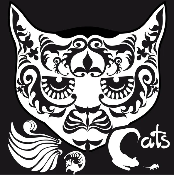 Stylized  black and white patterned head cat — Stock Vector