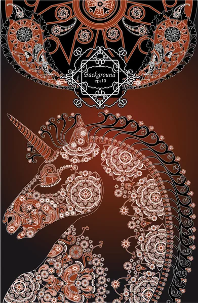 Profilo stilizzato testa di unicorno, sfondo floreale colorato — Vettoriale Stock