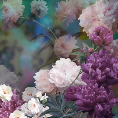 buket peonies, floralpastel renk arka plan