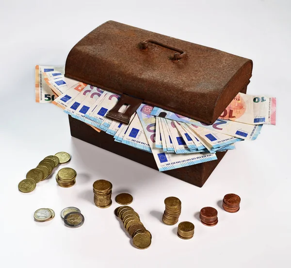 Old Rusty Cash Box Euro Banknotes Coins — Stock Photo, Image