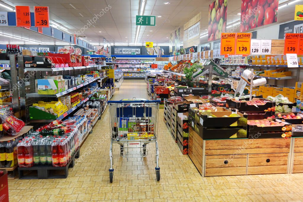 GERMANY - AUGUST 2016: Interior of a Lidl supermarket.Lidl is a German discount chain,  9800 plus stores, in 28 countries in Europe.