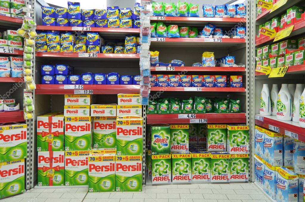 MEPPEN, GERMANY - OCTOBER 2013: Shelves filled with detergents for clothes cleaning in a Kaufland hypermarket in Germany