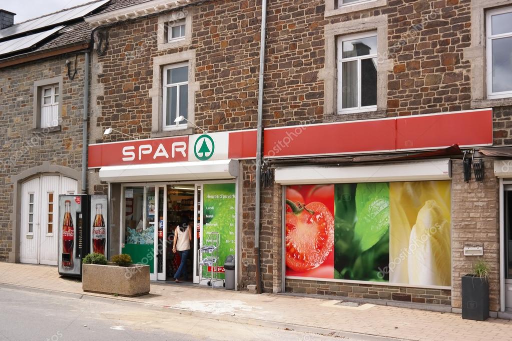 EREZEE, BELGIUM - JULY 2015  SPAR supermarket's entrance. Spar is a Dutch multinational retail chain operates as independent or franchise with over 12,500 stores in 35 countries worldwide