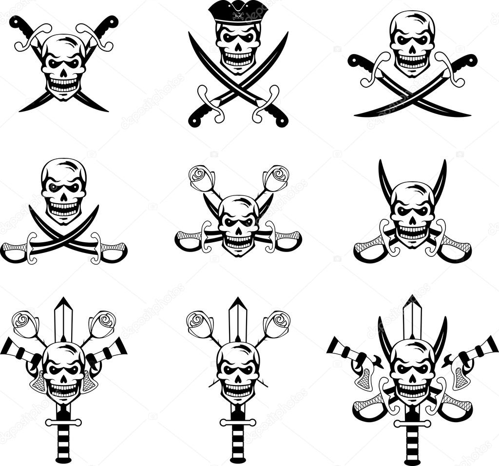 Black set of pirate emblems with skulls and swords