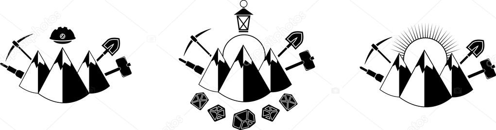 Set of black icon with mountains and mining tools