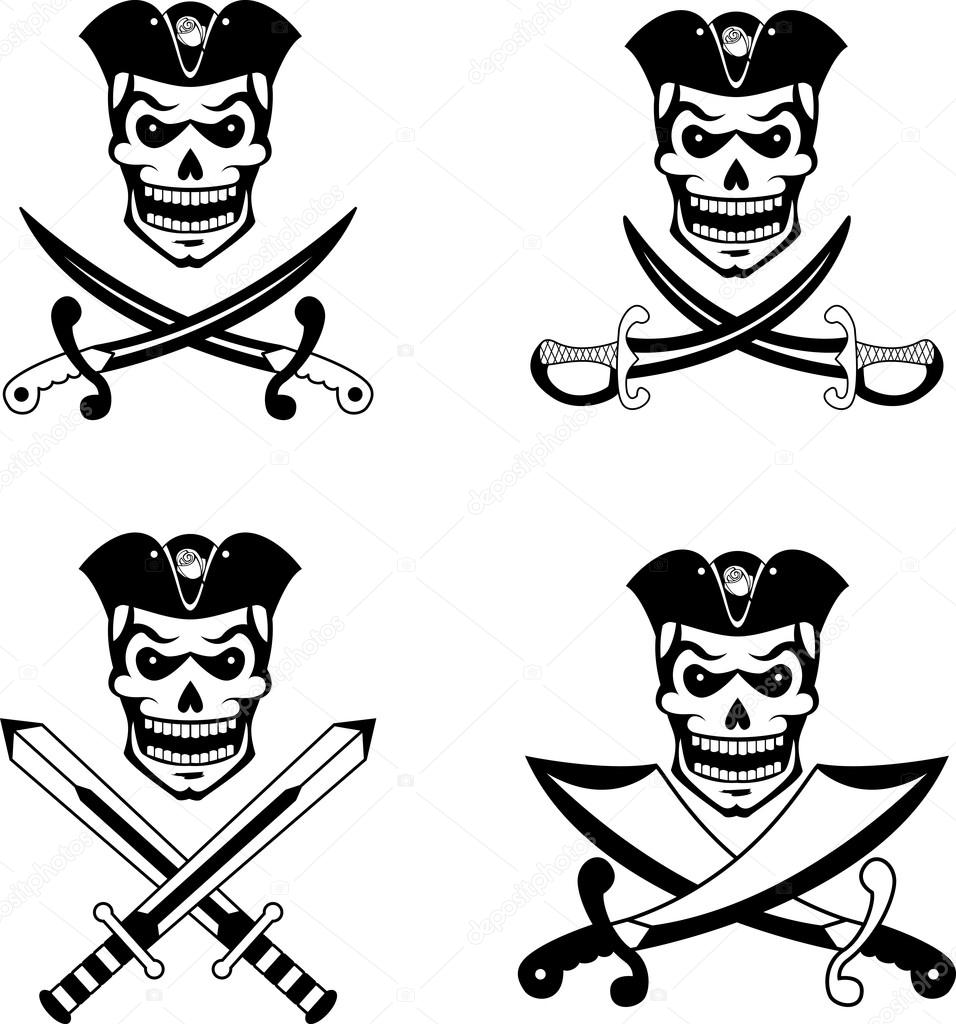 Black set of pirate emblems with skulls and swords