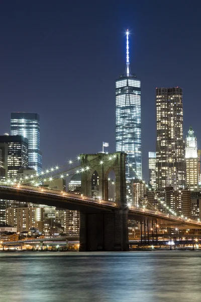 O new york city skyline w brooklyn bridge — Fotografia de Stock