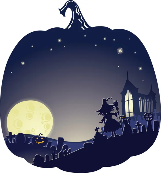 Halloween Doble exposición fondo con bruja en el cementerio — Vector de stock