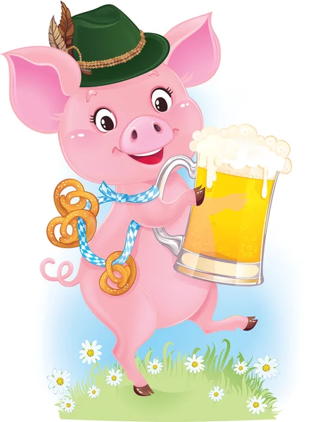 Cute dancing piglet is holding beer glass and pretzels — Stock Vector