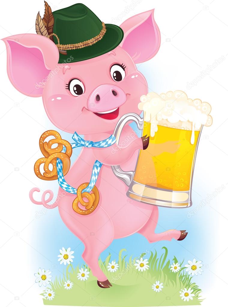 Cute dancing piglet is holding beer glass and pretzels