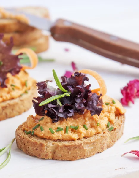 Salmon pate on toast rye bread — Stock Photo, Image