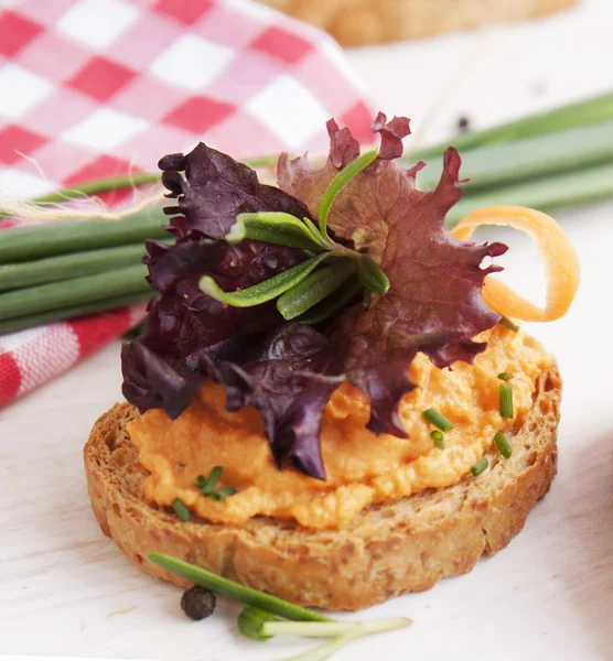 Salmon pate on toast rye bread — Stock Photo, Image