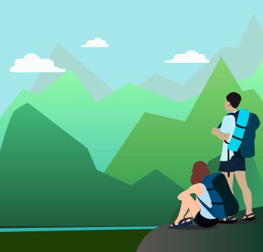 Kadın ve erkek bir dağ yolunda yürüyor ve bir ufka bakıyor.