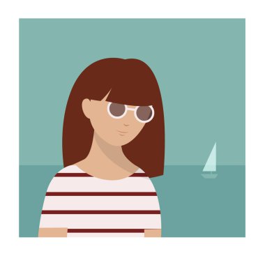 Yaz zamanı kadın plaj teknesi kum ağacı illüstrasyonu