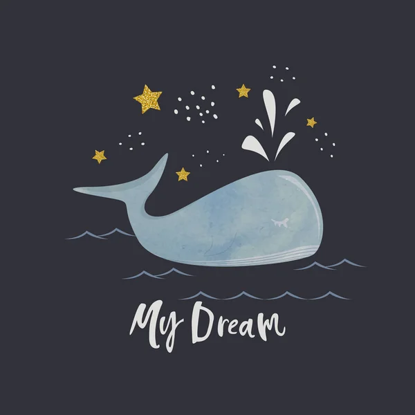 Una ballena nada en el océano sobre un fondo nocturno estrellado con la inscripción mi sueño. — Vector de stock