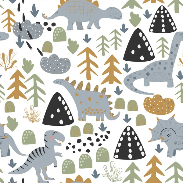 Childish seamless pattern with hand drawn dino in scandinavian style. — Stock Vector