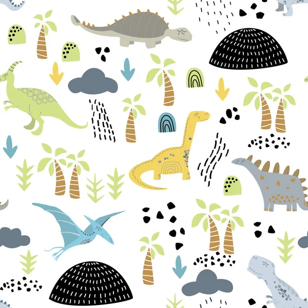 Childish seamless pattern with hand drawn dino in scandinavian style. — Stock Vector