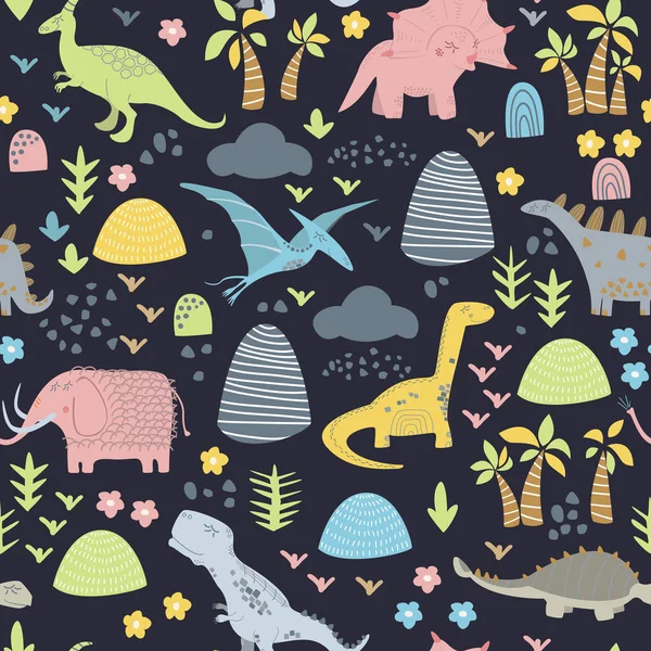 Childish seamless pattern with hand drawn dino in scandinavian style. — Stock Vector