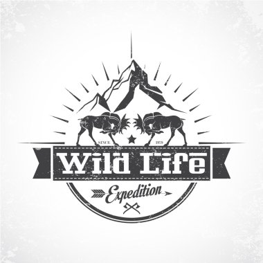 Geyik ve dağ içinde belgili tanımlık geçmiş Vintage simgesi yaban hayatı.