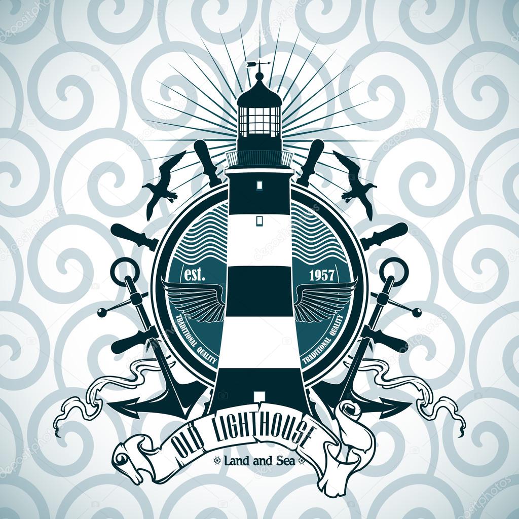 Label with a picture of the lighthouse, anchors and steering wheel. Nautical theme.