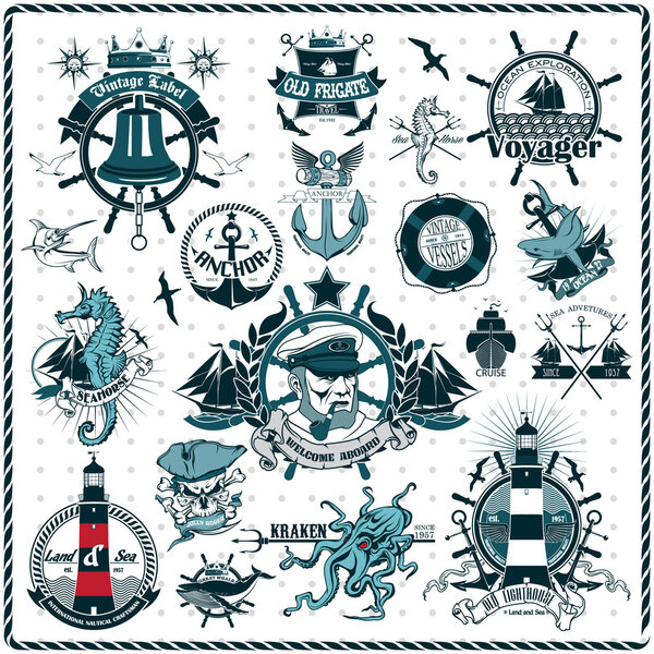 Set Of Vintage Retro Nautical Badges And Labels