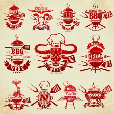 Vintage etiketleri Barbekü partisi büyük kümesi