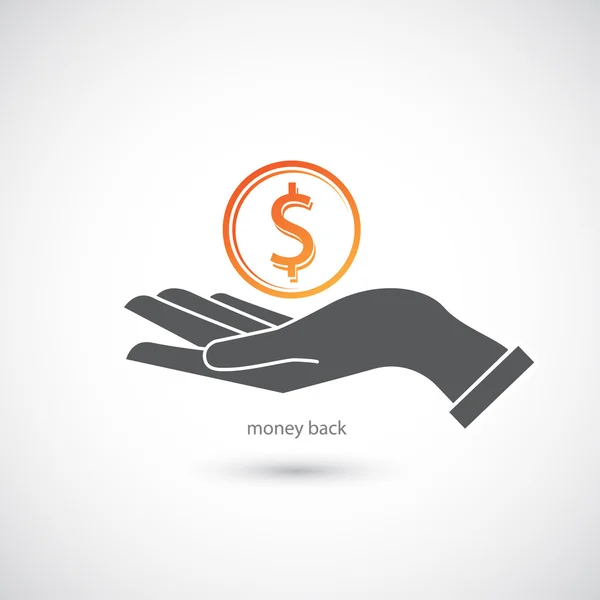 Icono con la mano y la moneda. Dinero de vuelta — Vector de stock