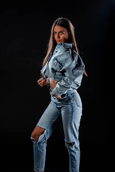 Stylish Young Woman Wearing Blue Denim Pants Cropped Jean Jacket — Stock Photo, Image
