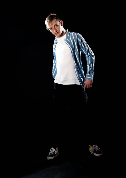Studio Fashion Portrait Handsome Guy Wearing Black Pants White Top — Stock Photo, Image