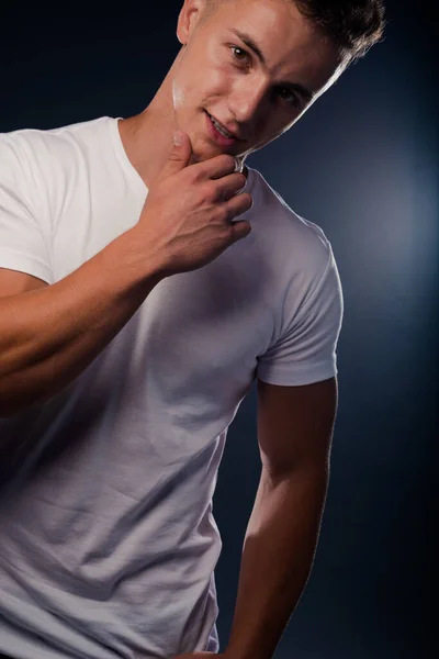 Attractive Young Male Model Posing Blue Jeans White Top — Stock Photo, Image