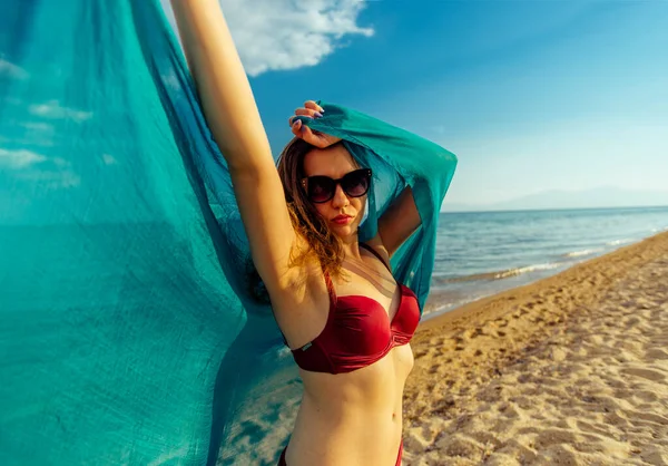 Outdoor Fashion Photo Beautiful Happy Slender Woman Sea Beach Travel — Stock Photo, Image