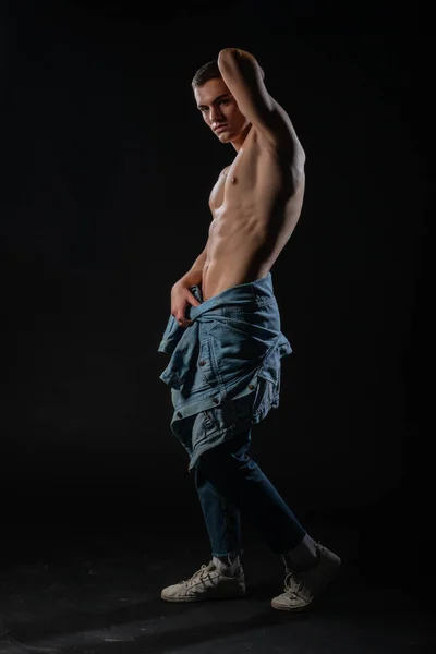 Sexy Man Naked Torso Posing Blue Jeans Denim Jacket His — Stock Photo, Image