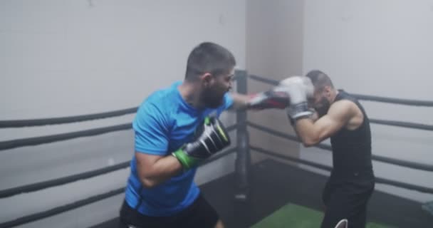 Due Uomini Kickbox Sparring Una Palestra Coperta — Video Stock