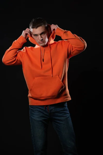 Close Portrait Handsome Male Model Looking Serious While Posing Orange — Stock Photo, Image