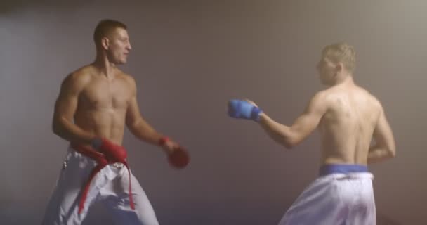 Bonito boxeador está praticando socos com um parceiro na luta — Vídeo de Stock