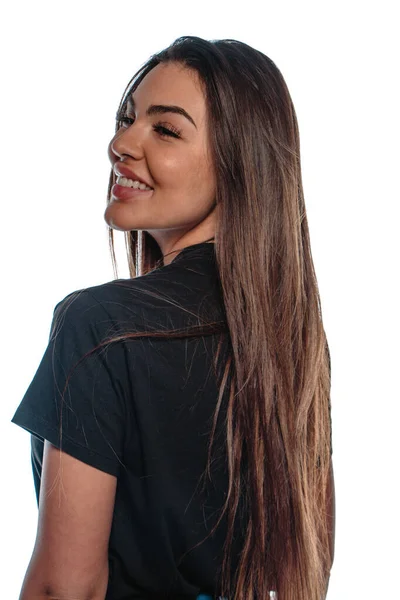 Portrait Beautiful Stylish Girl Wearing Black Top Smiling — Stock Photo, Image