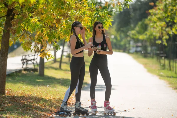 Two Attractive Best Friends Talking Drinking Smoothies Park While Standing — Stock Photo, Image