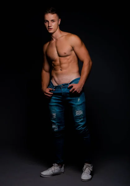 Torso Shot Cool Shirtless Guy Wearing Trendy Blue Jeans — Stock Photo, Image