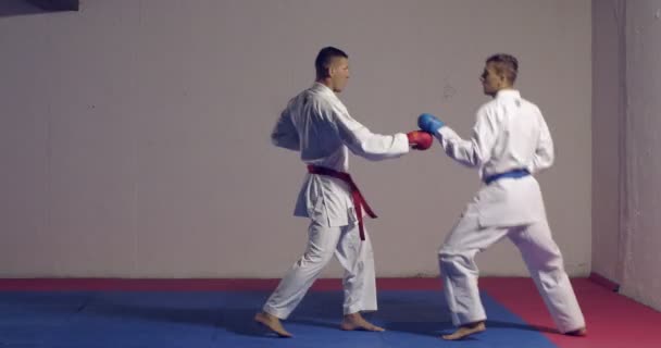 Jóképű bokszoló az ütéseket gyakorolja egy társával a meccsen. — Stock videók