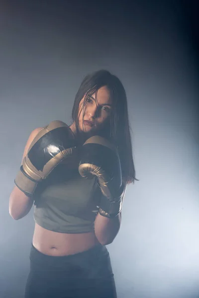 Foggy Image Young Sexy Female Boxer Punching Direct Hit Boxing — Stock Photo, Image