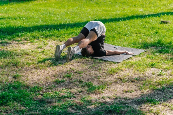 Young Sporty Handsome Man Practicing Yoga Park Doing Plow Pose — Stock Photo, Image