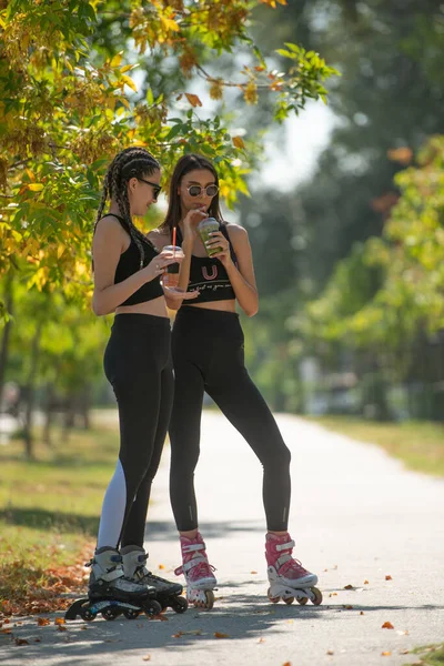 Due Attraenti Migliori Amici Che Parlano Bevono Frullati Nel Parco — Foto Stock