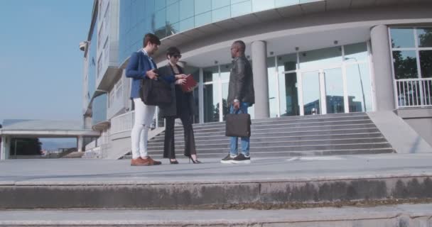 Jovem Equipe Negócios Multicultural Discutindo Sobre Trabalho Dia Ensolarado — Vídeo de Stock