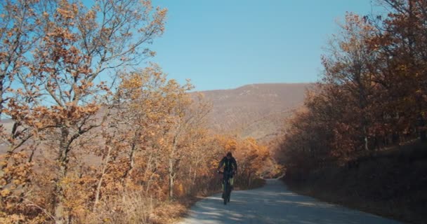 Idősebb Férfi Biciklizik Hegyekben Nappal — Stock videók